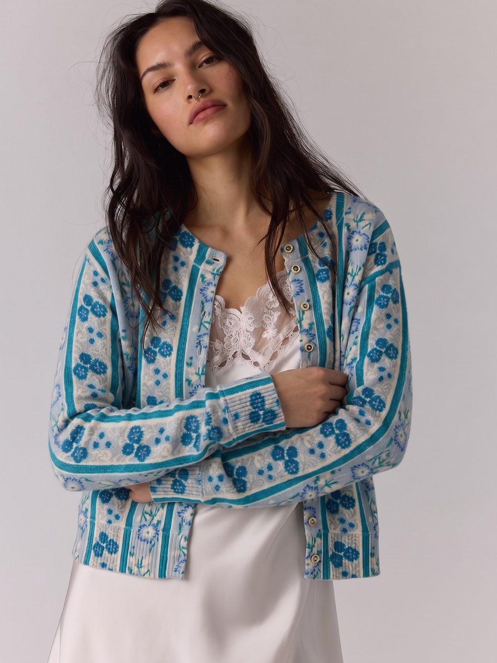 Free People Nocturnal Cashmere Cardi Cardigan Sweater Cottage Blue Floral XL - Picture 3 of 15